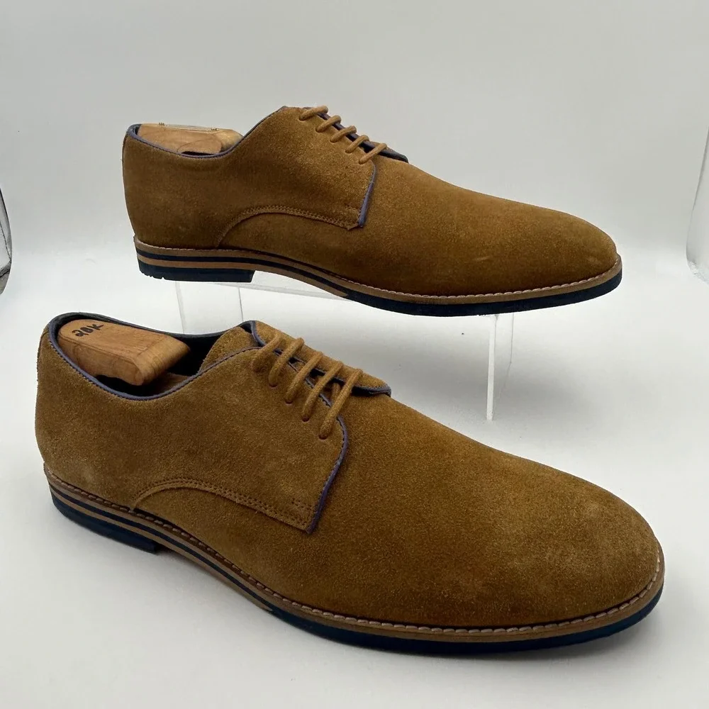 New Thomas & Vine Derby Shoes Men 12 Tan Suede Blue Trim Lace Up Business Casual